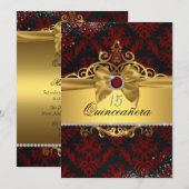 Elegant Goud Rood Damast Quinceanera Uitnodigen Kaart (Voorkant / Achterkant)