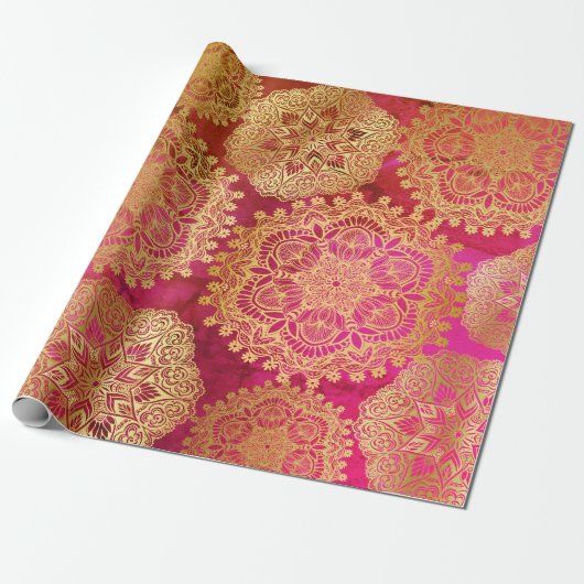 Elegant goud rood roze mandala patroon cadeaupapier (Uitgerold)