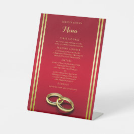 Elegant Goud & Rood, Trouwringen Wedding Menu Reclamebord Met Voetstuk