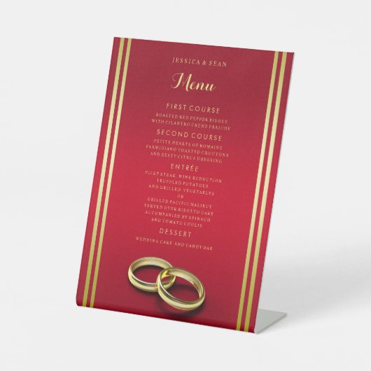 Elegant Goud & Rood, Trouwringen Wedding Menu Reclamebord Met Voetstuk (Voorkant)