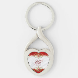 Elegant Goud Rood Wit Trouw Monogram Sleutelhanger