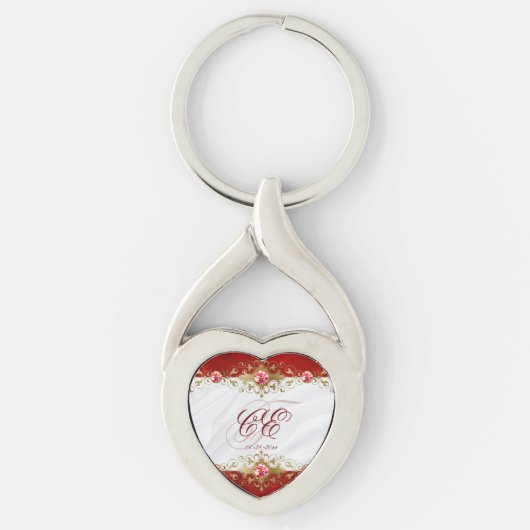 Elegant Goud Rood Wit Trouw Monogram Sleutelhanger (Voorkant)