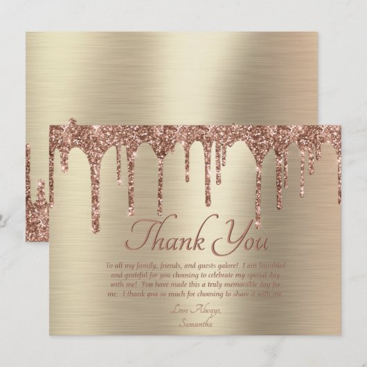 Elegant Goud Roos Goud Glitter Drip Verjaardag Bedankkaart (Voorkant / Achterkant)