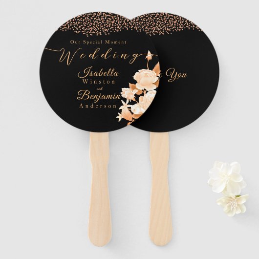 Elegant Goud Roos Zwart Bruiloft Handwaaier (Voorkant en achterkant)