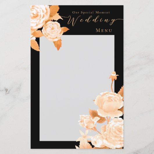 Elegant Goud Roos Zwart Bruiloft Menu (Voorkant)
