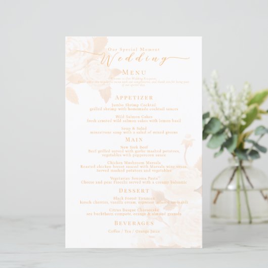 Elegant Goud Roos Zwart Bruiloft Menu (Staand voorkant)