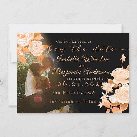 Elegant Goud Roos Zwart Bruiloft Save The Date (Voorkant)