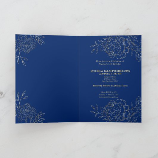 Elegant Goud Royal Blauw Fijn Bloemen Quinceanera (Binnen)
