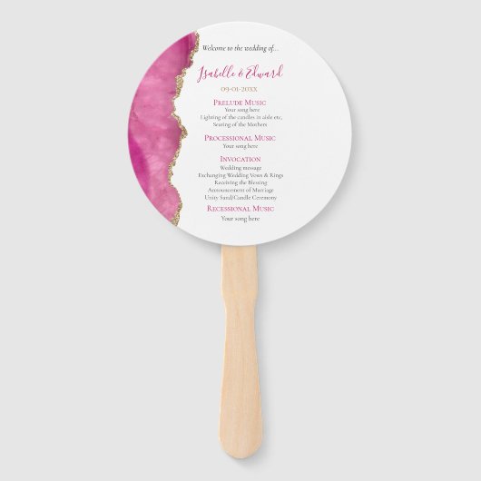 Elegant Goud & Roze Agaat Steen Huwelijksceremonie Handwaaier (Voorkant)
