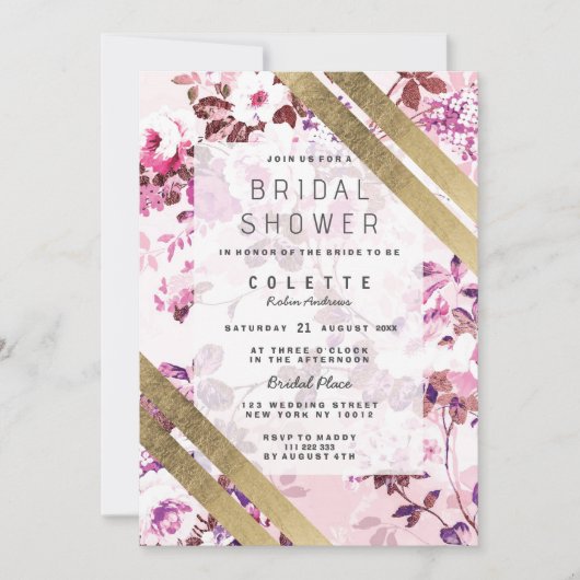 Elegant Goud Roze Bloemen Gestreept Vrijgezellenfe Kaart (Voorkant)