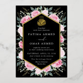 Elegant Goud Roze Bloemen Islamitische Moslim Brui Folie Uitnodiging (Voorkant)