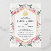 Elegant Goud Roze Bloemen Islamitische Moslim Brui Folie Uitnodiging (Voorkant)