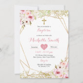 Elegant Goud Roze Bloemen Meisje Baptisme Uitnodig Kaart (Voorkant)
