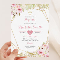 Elegant Goud Roze Bloemen Meisje Baptisme Uitnodig