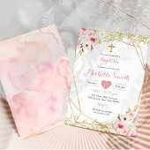 Elegant Goud Roze Bloemen Meisje Baptisme Uitnodig Kaart