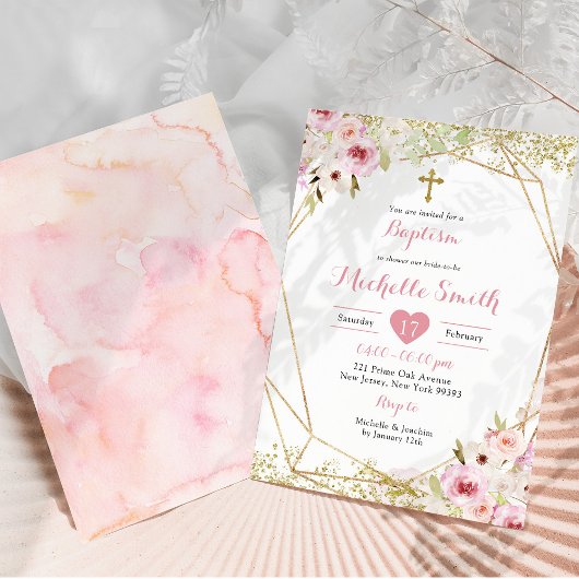 Elegant Goud Roze Bloemen Meisje Baptisme Uitnodig Kaart