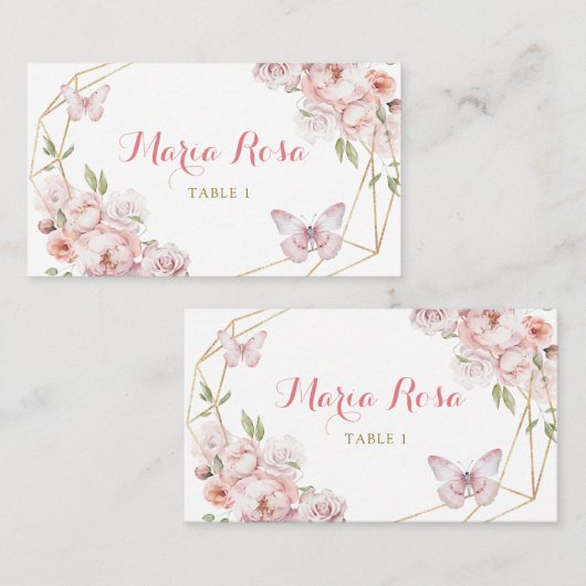 Elegant Goud Roze Bloemen Meisje Quinceañera Plaatskaartje (Voorkant / Achterkant)