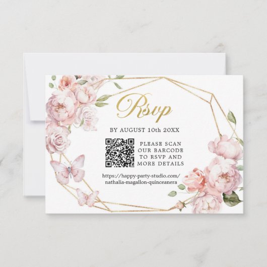 Elegant Goud Roze Bloemen Mis Quince Años QR RSVP Kaartje (Voorkant)