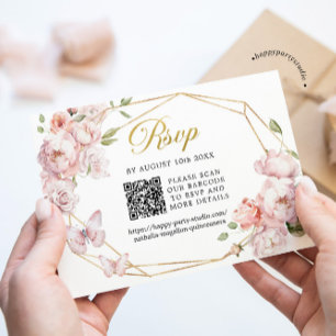 Elegant Goud Roze Bloemen Mis Quince Años QR RSVP Kaartje
