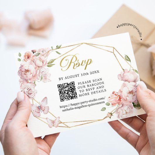 Elegant Goud Roze Bloemen Mis Quince Años QR RSVP Kaartje