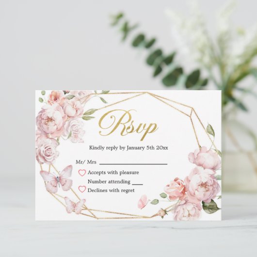 Elegant Goud Roze Bloemen Mis Quince Años Reageer RSVP Kaartje (Staand voorkant)