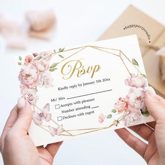 Elegant Goud Roze Bloemen Mis Quince Años Reageer RSVP Kaartje