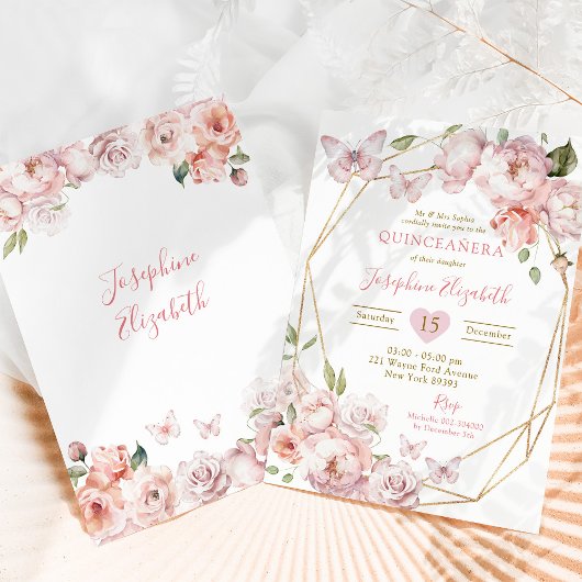 Elegant Goud Roze Bloemen Mis Quince Años Verjaard Kaart