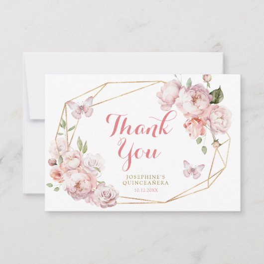 Elegant Goud Roze Bloemen Mis Quince Bedankkaart (Voorkant)