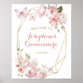 Elegant Goud Roze Bloemen Mis Quince Welkomstbord Poster (Voorkant)