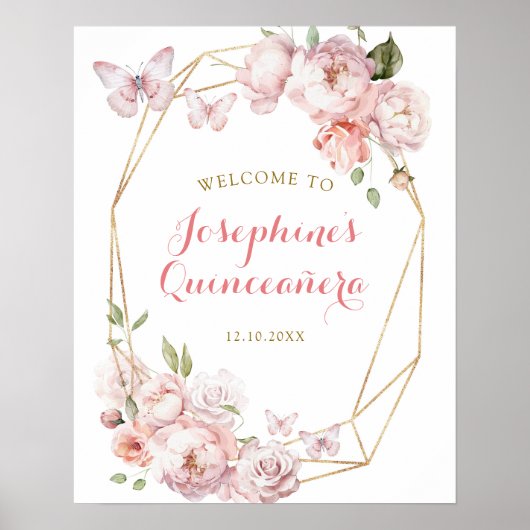 Elegant Goud Roze Bloemen Mis Quince Welkomstbord Poster (Voorkant)