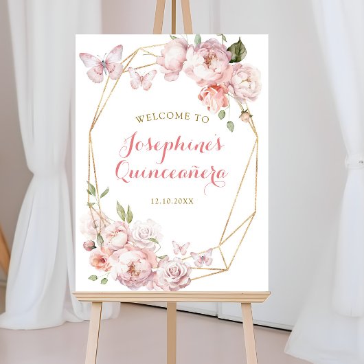 Elegant Goud Roze Bloemen Mis Quince Welkomstbord Poster