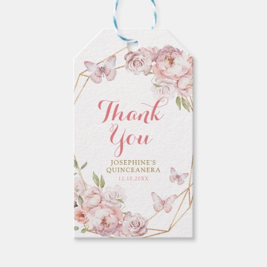 Elegant Goud Roze Bloemen Mis XV Años Dank u Cadeaulabel (Voorkant)