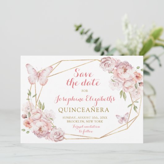 Elegant Goud Roze Bloemen Mis XV Años Save The Dat Kaart (Staand voorkant)