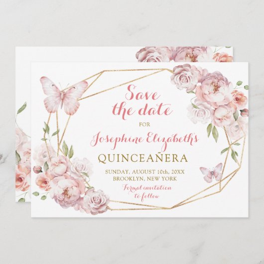 Elegant Goud Roze Bloemen Mis XV Años Save The Dat Kaart (Voorkant / Achterkant)
