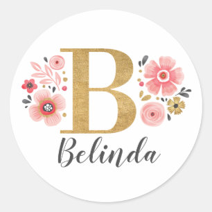 Elegant Goud Roze Bloemen Monogram Initiaal Letter Ronde Sticker