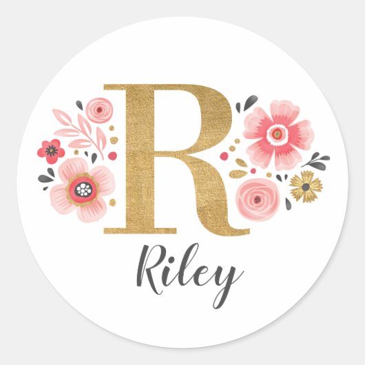 Elegant Goud Roze Bloemen Monogram Initiaal Letter Ronde Sticker (Voorkant)