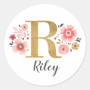 Elegant Goud Roze Bloemen Monogram Initiaal Letter Ronde Sticker