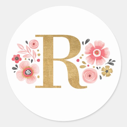 Elegant Goud Roze Bloemen Monogram Initiaal Letter Ronde Sticker (Voorkant)