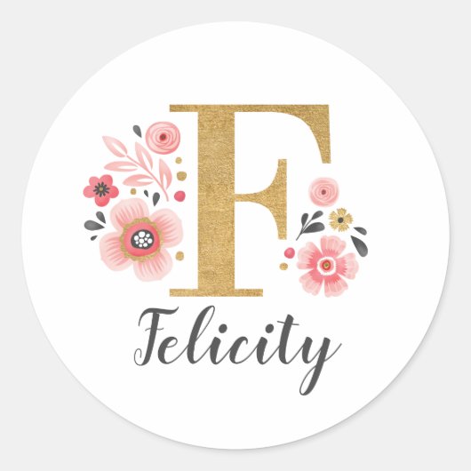 Elegant Goud Roze Bloemen Monogram Initiaal Letter Ronde Sticker (Voorkant)