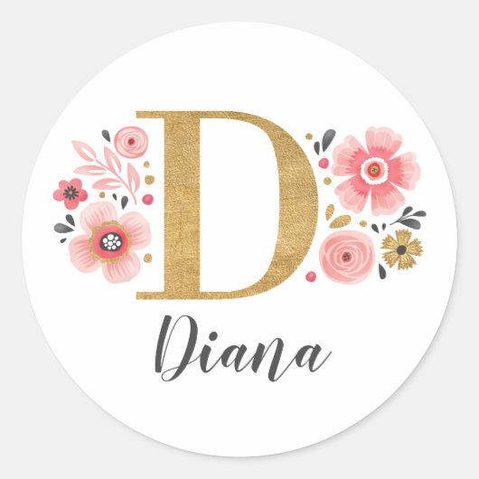Elegant Goud Roze Bloemen Monogram Initiaal Letter Ronde Sticker (Voorkant)