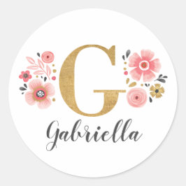 Elegant Goud Roze Bloemen Monogram Initiaal Letter Ronde Sticker