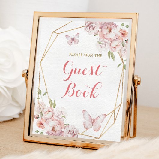 Elegant Goud Roze Bloemen Quinceañera Gastenboek Poster
