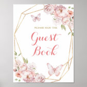 Elegant Goud Roze Bloemen Quinceañera Gastenboek Poster (Voorkant)