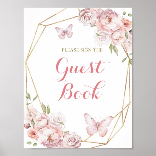 Elegant Goud Roze Bloemen Quinceañera Gastenboek Poster (Voorkant)