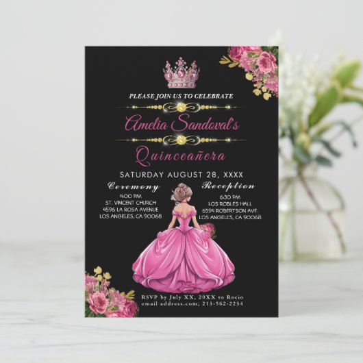 Elegant Goud Roze Bloemen Quinceanera uitnodiging (Staand voorkant)