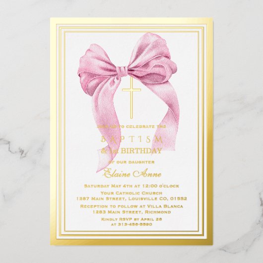 Elegant Goud Roze Boog Meisje 1e Verjaardag Doop Folie Uitnodiging (Voorkant)