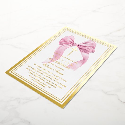 Elegant Goud Roze Boog Meisje 1e Verjaardag Doop Folie Uitnodiging (Gedraaid)