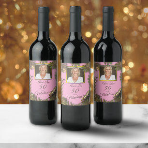 Elegant Goud Roze Foto 50 Verjaardag Feestelijk Wijn Etiket