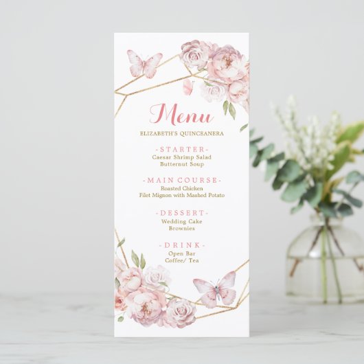 Elegant Goud Roze Geometrisch Bloemen Quinceañera Menu (Staand voorkant)