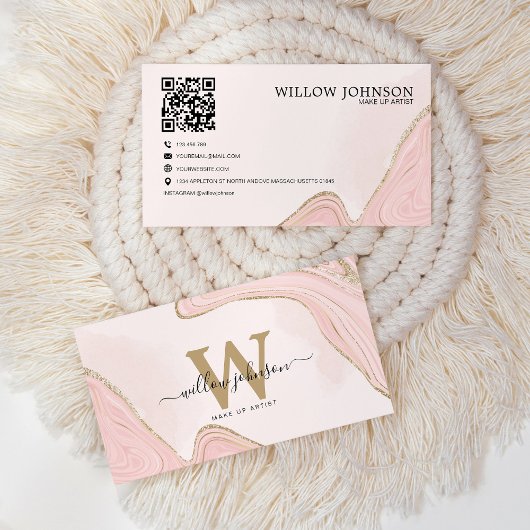 Elegant Goud Roze Glitter QR Code Modern Monogram Visitekaartje